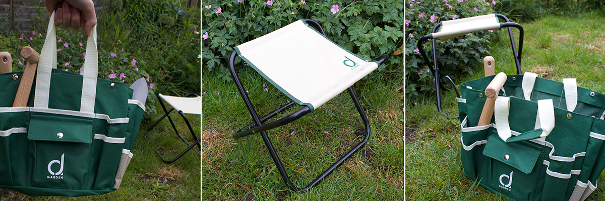 camping stool with garden tools five