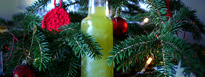 A bottle of spruce vodka in a Christmas tree