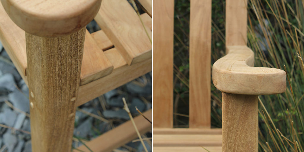 Wooden dowels and solid joints make the bench sturdy and avoid unsightly screws, while that curvy arm is crying out for the addition of a pint glass
